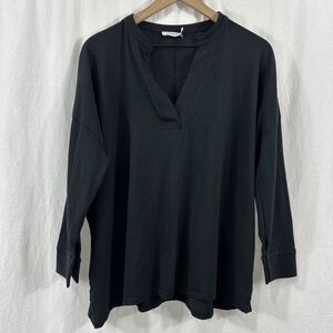 Mersea Black Amelia Cuff Oversized Vneck Cotton Top Womens O/S Minimalist Casual